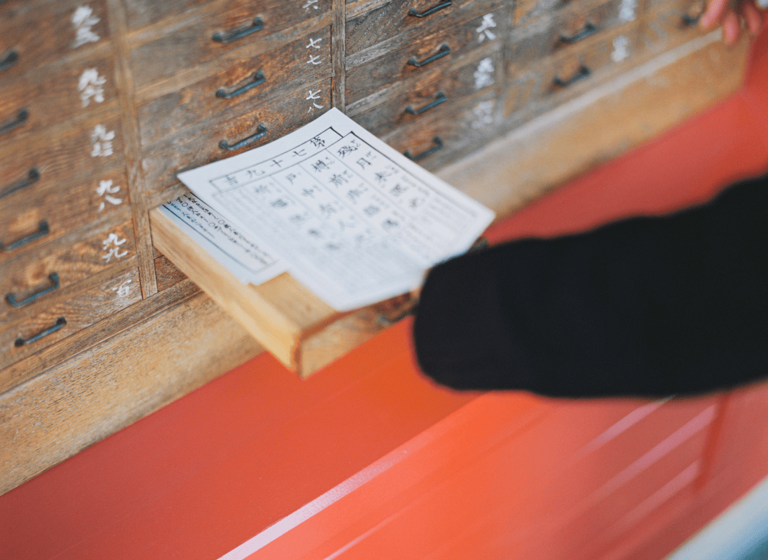 おみくじが入った戸棚が開けられている。