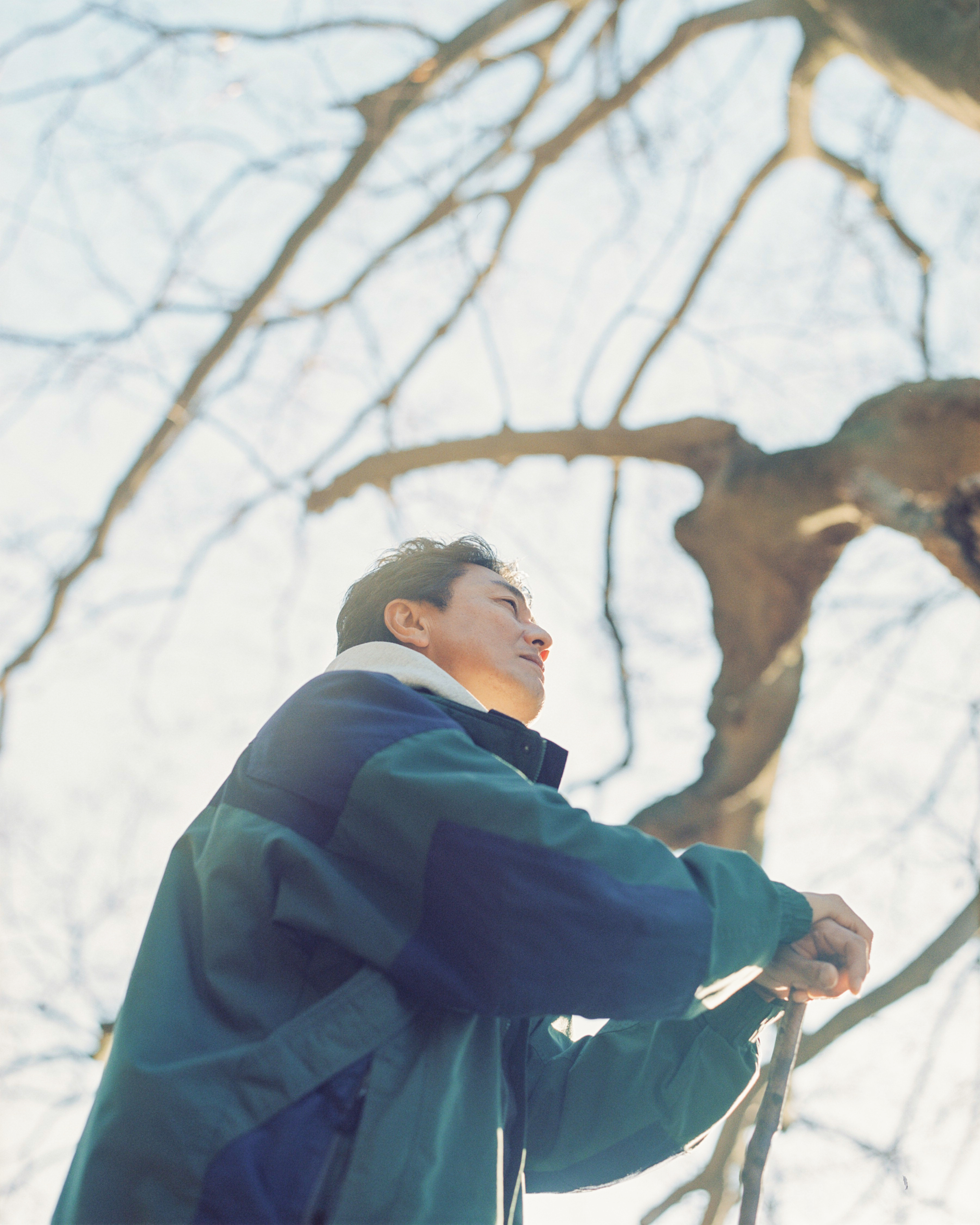 橋の上で景色を眺めている男性。