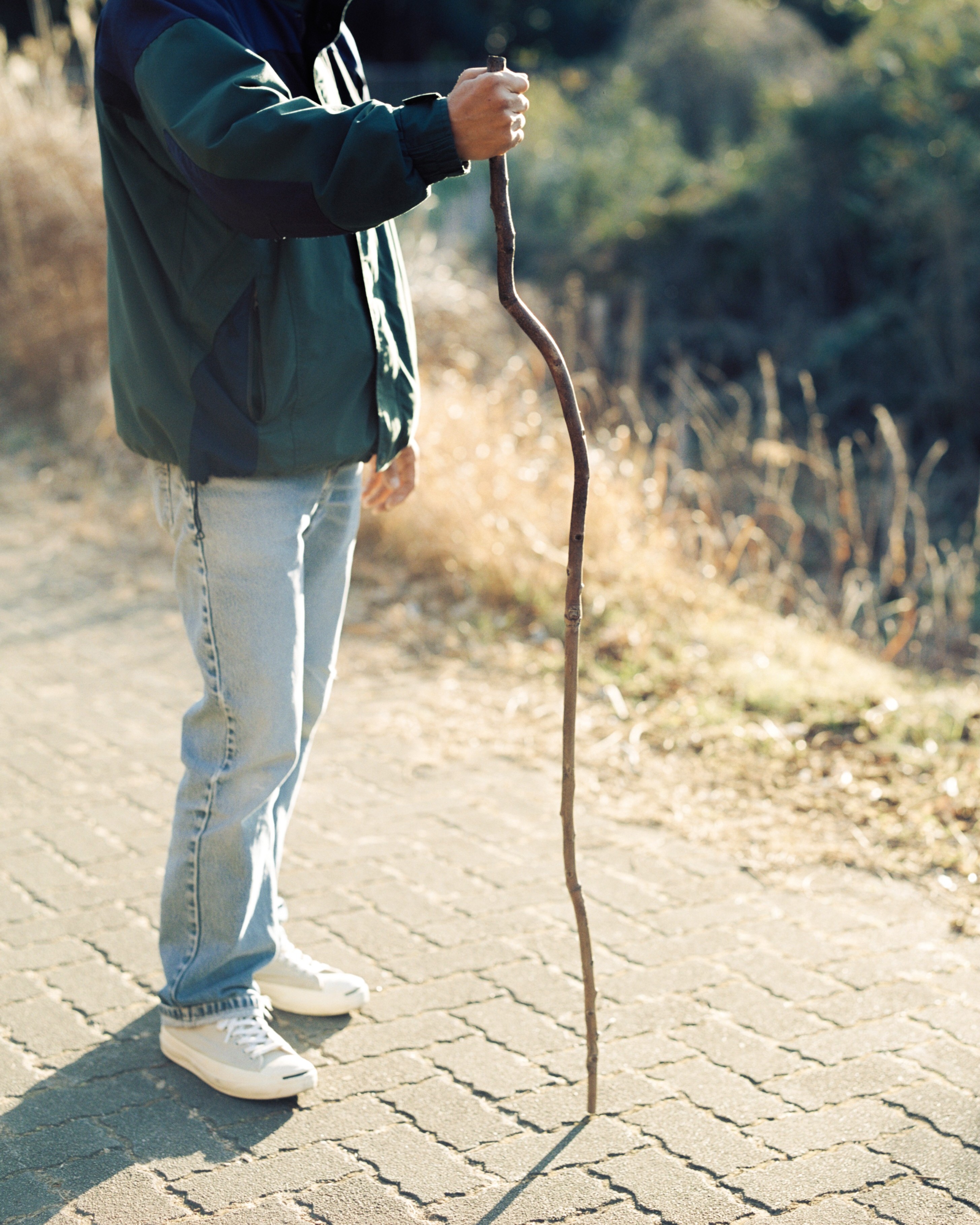夕日をバックに遠くを見つめる男性。